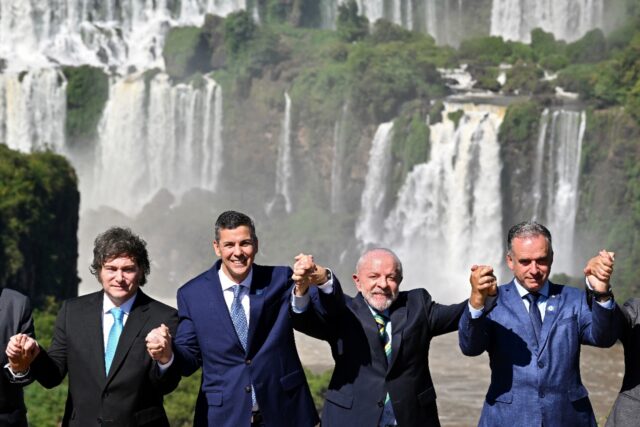 (L to R) Argentina's President Javier Milei, Paraguay's Santiago Pena, Brazil 
