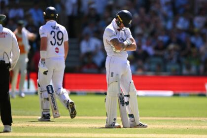 Alone at the helm: England's Ben Stokes reacts after Jamie Smith was given out in a a