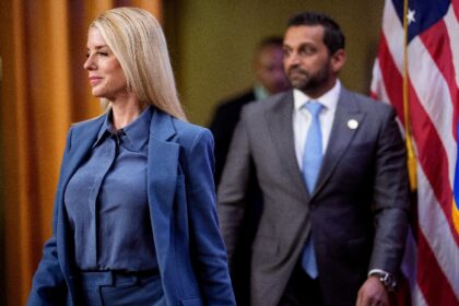 Attorney General Pam Bondi (L) and FBI Director Kash Patel (R) are being sued by 12 FBI ag