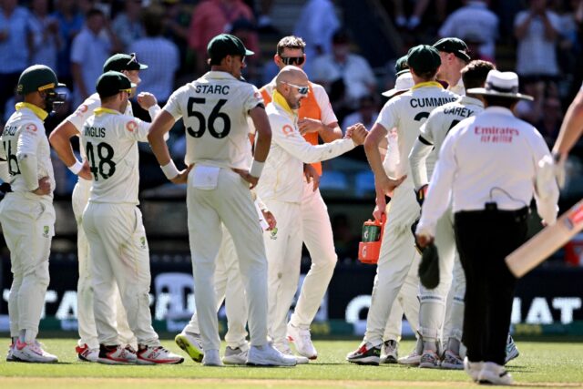 Australia spinner Nathan Lyon celebrates dismissing England captain Ben Stokes