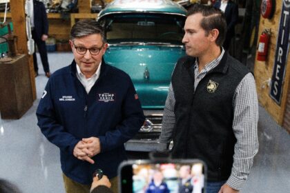 House Speaker Mike Johnson and Republican congressional candidate Matt Van Epps speak to p