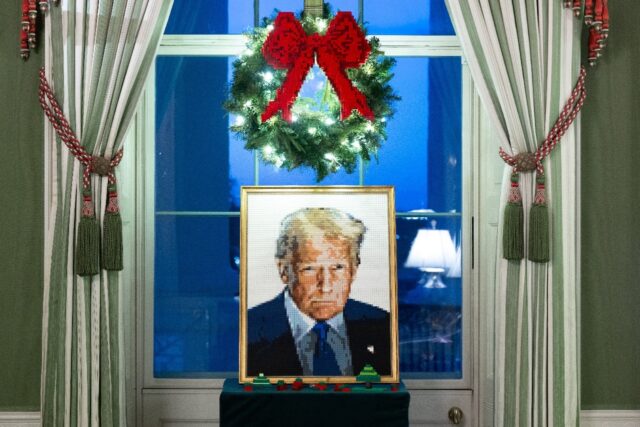 A portrait of US President Donald Trump made out of Legos is seen as part of Christmas dec