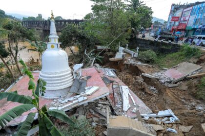 A stupa damaged in the landslides in Gampola, Kandy district, Sri Lanka