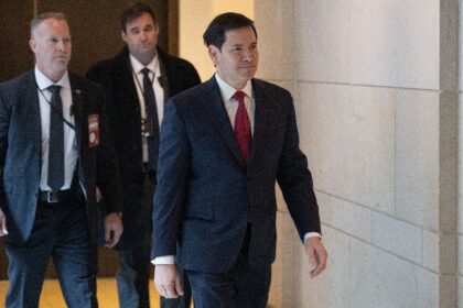 US Secretary of State Marco Rubio arrives for a meeting with senators on the military stri