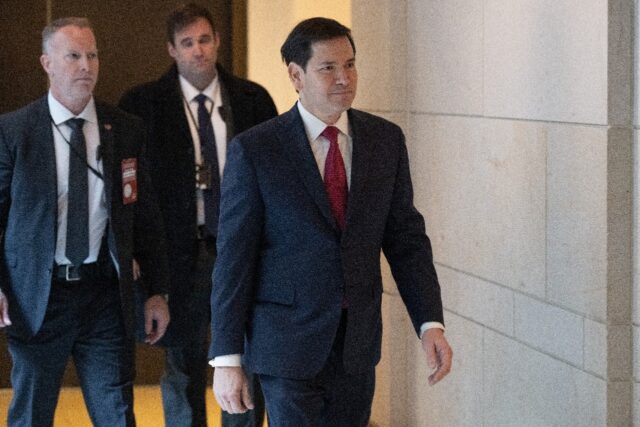 US Secretary of State Marco Rubio arrives for a meeting with senators on the military stri