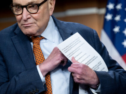 US Senate Minority Leader Chuck Schumer, Democrat of New York, attends a press conference