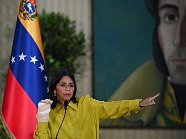 Venezuela's Vice President Delcy Rodriguez speaks during a meeting with Venezuela's Foreig