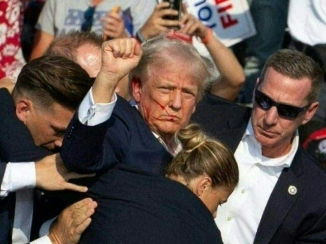 Donald Trump Republican candidate Donald Trump is seen with blood on his face surrounded by secret serv