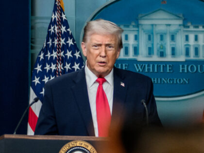 President Donald Trump addresses members of the media in the James S. Brady Press Briefing