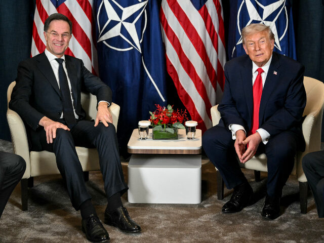 US President Donald Trump (C-R) speaks with NATO's Secretary-General Mark Rutte (L) n