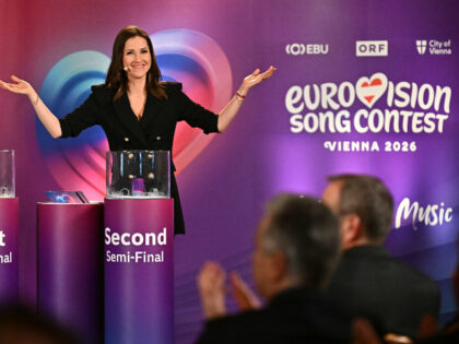 Moderator Austrian journalist Alexandra Maritza Wachter reacts after the end of the draw s