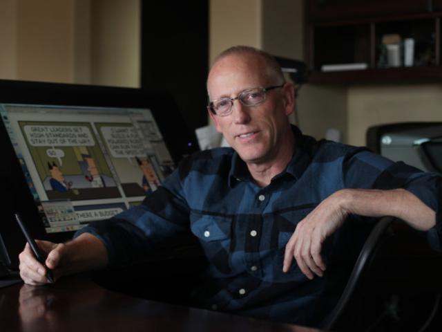 Scott Adams, cartoonist and author and creator of "Dilbert", poses for a portrait in his h