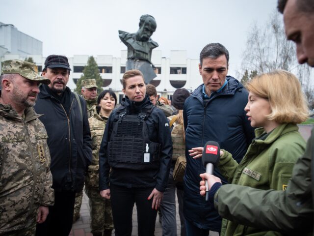 BORODYANKA, UKRAINE - APRIL 21: Prime Minister Mette Frederiksen of Denmark and Prime Mini