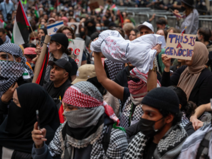 NEW YORK, NEW YORK - OCTOBER 26: Supporters of Palestine hold a rally in New York's financ