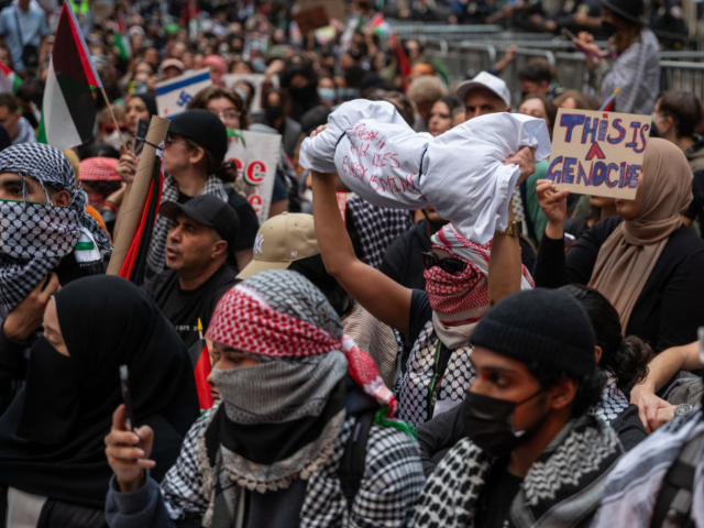GettyImages-1758822943 NEW YORK, NEW YORK - OCTOBER 26: Supporters of Palestine hold a rally in New York's financ