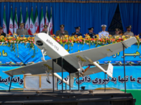 An Iranian military truck carries Mohajer-4 drone, a tactical unmanned aerial vehicle (UAV