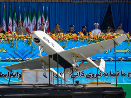 An Iranian military truck carries Mohajer-4 drone, a tactical unmanned aerial vehicle (UAV