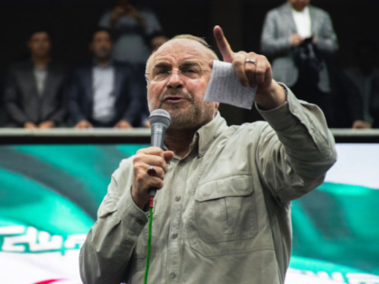 Mohammad Bagher Qalibaf, a conservative Iranian parliament Speaker, gives a speech during