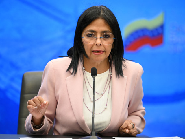 Venezuela's Vice President Delcy Rodriguez speaks during a press conference at Miraflores