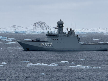 NUUK, GREENLAND - MARCH 16: A Royal Danish Navy ship is seen patrolling the island of Gree