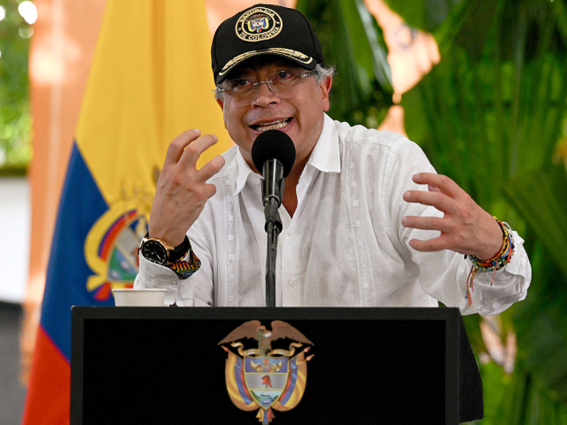 Colombia's President Gustavo Petro delivers a speech during a ceremony to destroy war mate