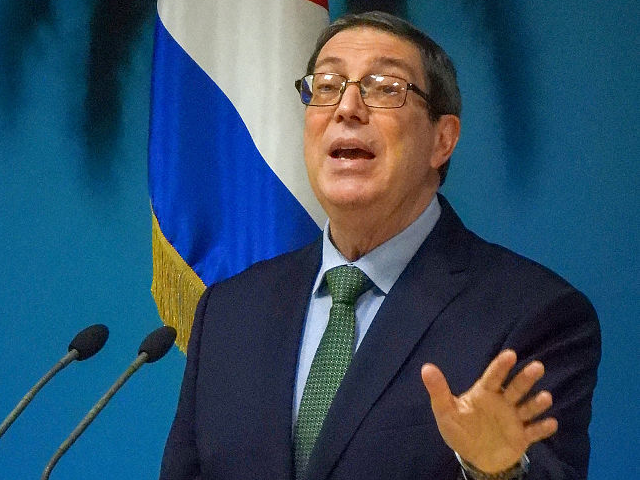 Cuba's Foreign Minister Bruno Rodriguez gestures as he speaks during a press conference in
