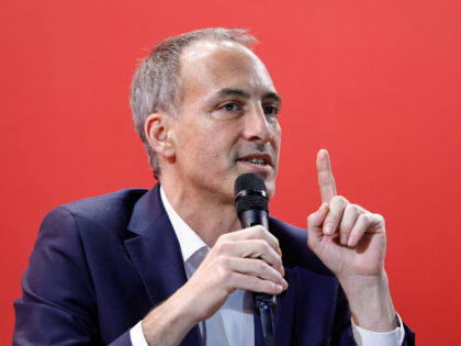 Co-president of French center-left party Place Publique (PP) Raphael Glucksmann delivers a