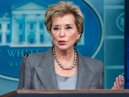 Linda McMahon, US education secretary, during a news conference in the James S. Brady Pres