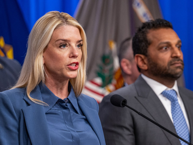 (L/R) US Attorney General Pam Bondi speaks alongside FBI Director Kash Patel during a news