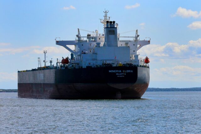 Maracaibo, Venezuela. 12-04-2025. An oil tanker is seen anchored in Lake Maracaibo after l