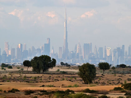 Clouds loom over the Dubai skyline including the Burj Khalifa, the world's tallest bu