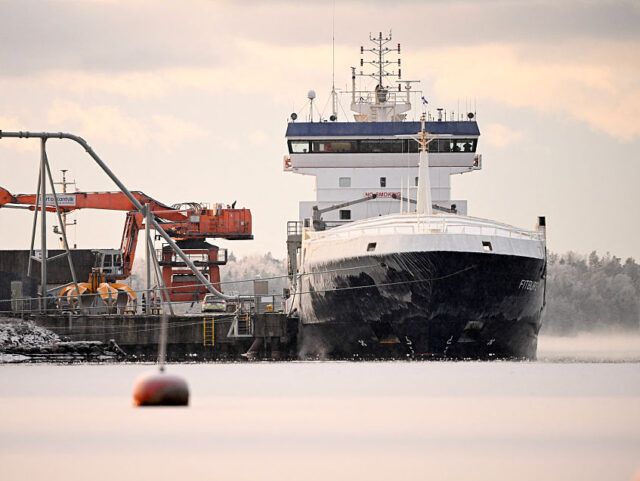 FINLAND-POLICE-TRANSPORT-TELECOMS-SHIP The seized vessel Fitburg is moored at the harbour in Kirkkonummi, Finland, on January 1,