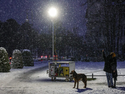 BERLIN, GERMANY - JANUARY 4: A woman and child walk their Irish Setter dog next to a gener