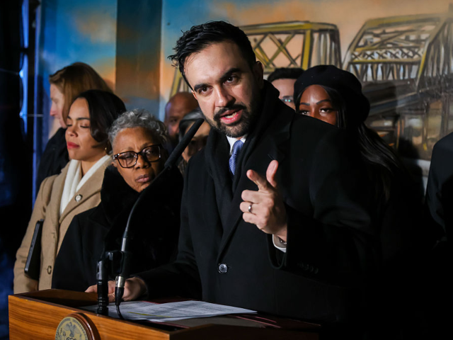 Zohran Mamdani, mayor of New York, center, during a news conference in the Bronx borough o