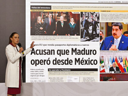 Mexico's President Claudia Sheinbaum speaks next to a screen showing a story of Mexican ne