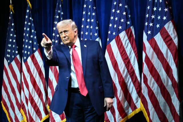 US President Donald Trump departs after he delivered remarks at the House Republican Party