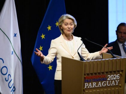 European Commission President Ursula von der Leyen delivers a speech during the signing ce