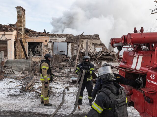 DRUZHKIVKA, UKRAINE - JANUARY 20: Ukrainian emergency crews intervene to put out a fire at