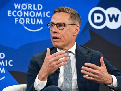 Finland's President Alexander Stubb gestures as he speaks during the World Economic Forum