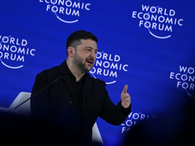 DAVOS, SWITZERLAND - JANUARY 22: Ukrainian President Volodymyr Zelenskyy delivers a speech