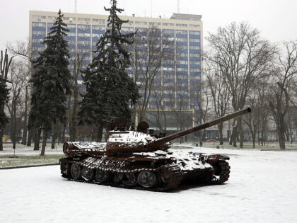 ODESA, UKRAINE - JANUARY 25: Destroyed Russian T-72 main battle tank stands on display at