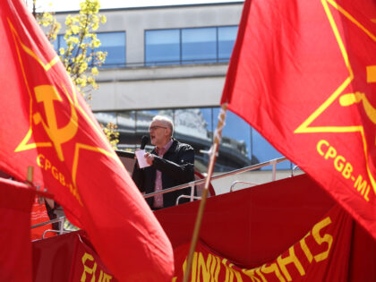 Britain's opposition Labour Party leader Jeremy Corbyn gives a speech from the top of a do
