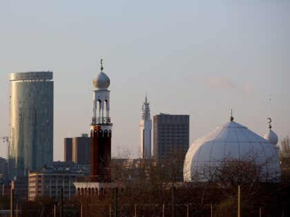 BIRMINGHAM, ENGLAND - MARCH 23: Thye minaret of Birmingham Central Mosque stands against t