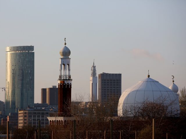 BIRMINGHAM, ENGLAND - MARCH 23: Thye minaret of Birmingham Central Mosque stands against t
