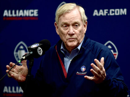 Bill Polian speaks with the press after the Alliance of American Football game between the