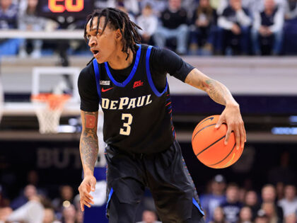 Jalen Terry #3 of the DePaul Blue Demons brings the ball up the court in the game against