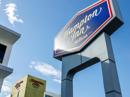 Merida, Mexico, Xcumpich, Hampton Inn Hilton hotel sign and building exterior. (Photo by: