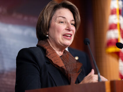 Senator Amy Klobuchar (D-MN) speaks at a press conference with Senate Minority Leader Chuc