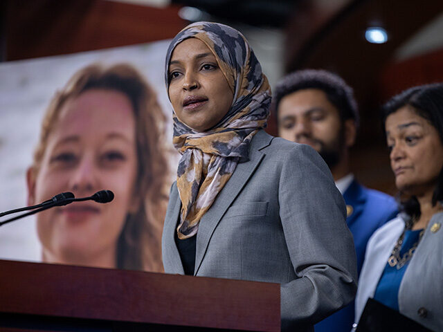 Congresswoman Ilhan Omar (D-MN) speaks at a press conference with other members of the Con