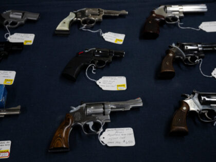 Handguns are displayed for sale during the Expo Gun Show in Tucson, Arizona, on October 27